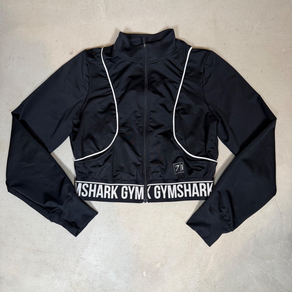 Gymshark Womens Black Cropped Track Jacket Full Zip White Piping Logo Size M